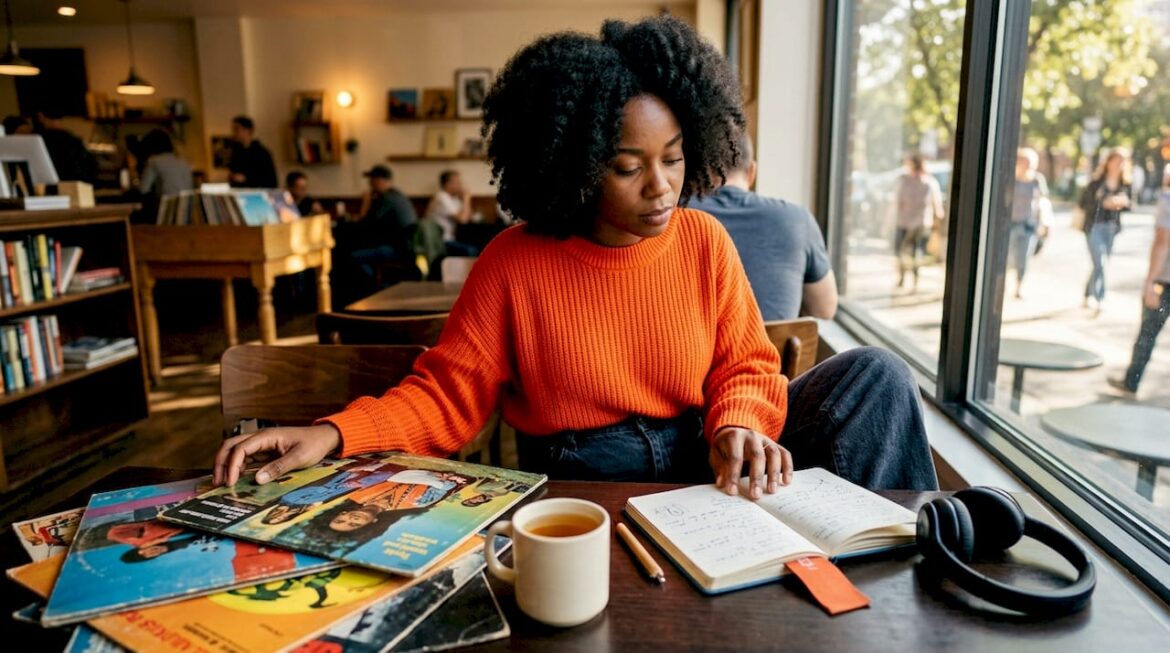 Musicologist studying diverse vinyl records indoors