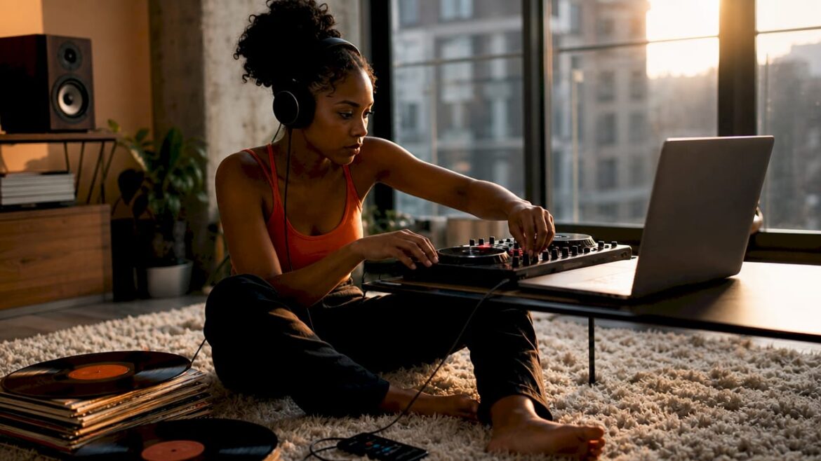 Woman tuning into live DJ show at home