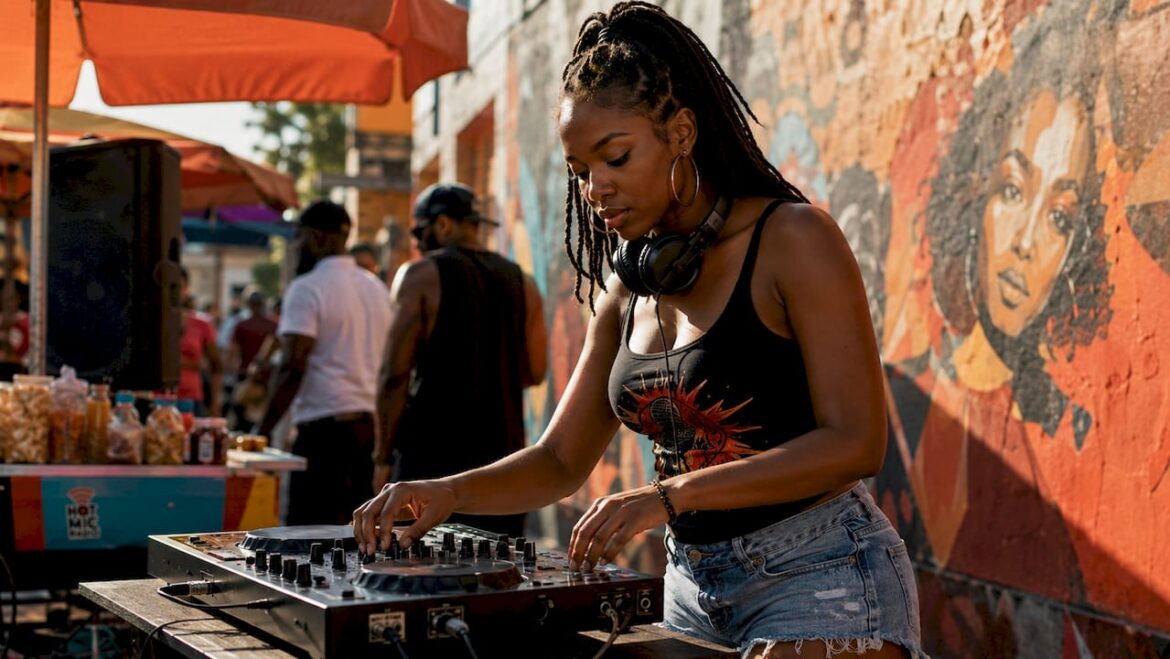 Female DJ adjusting streaming equipment in home studio