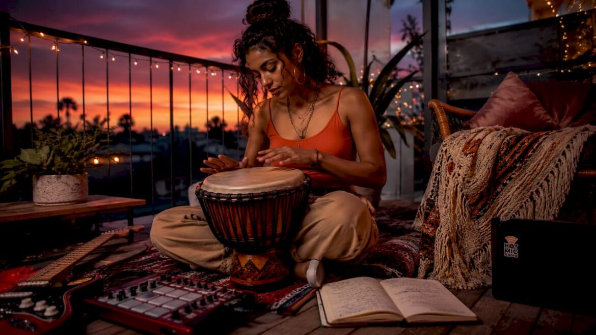 Woman playing drum amidst musical instruments indoors