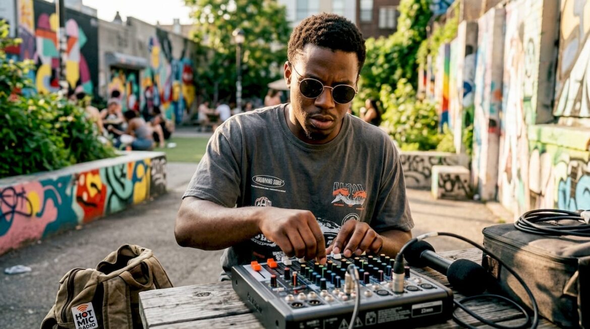 Radio DJ broadcasting hip-hop music