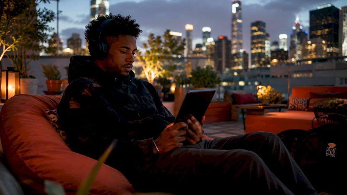 Man listening to hip hop music at home