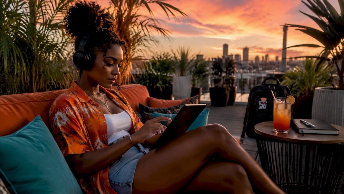 Woman listening to internet radio on tablet
