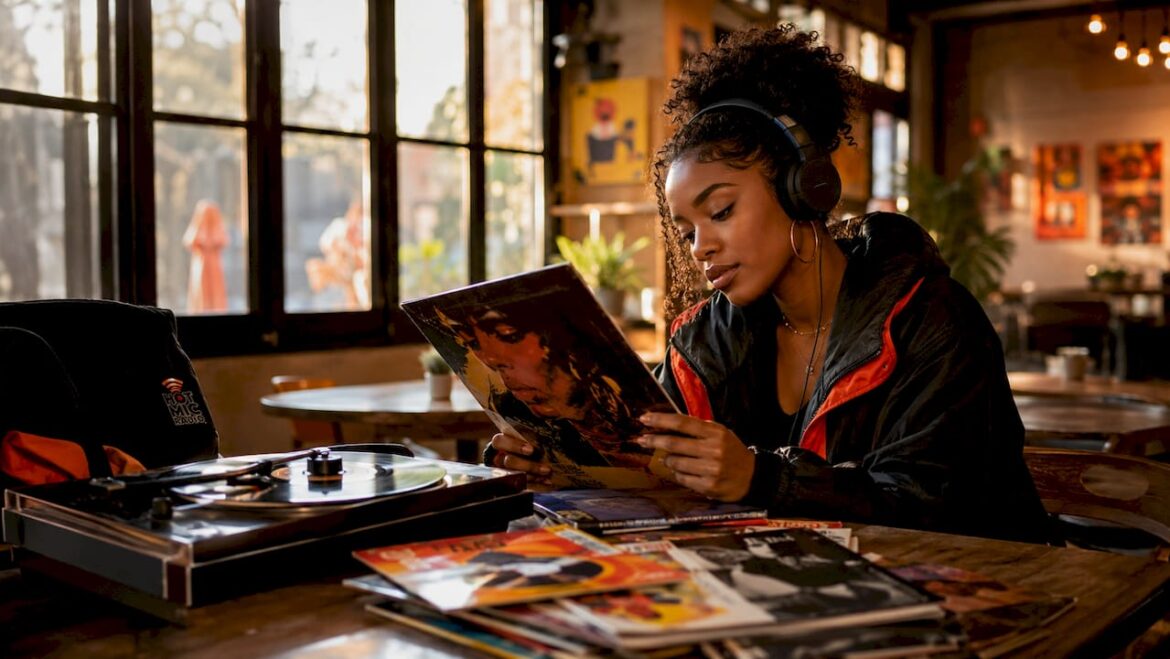 Woman listening to R&B music with vinyl and headphones