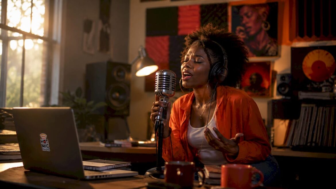 Young female R&B singer in recording studio