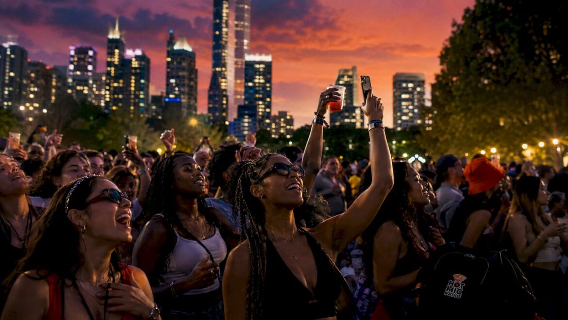 Excited live music concert crowd enjoying performance