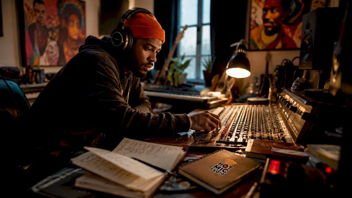 Music producer adjusting mixing console in studio