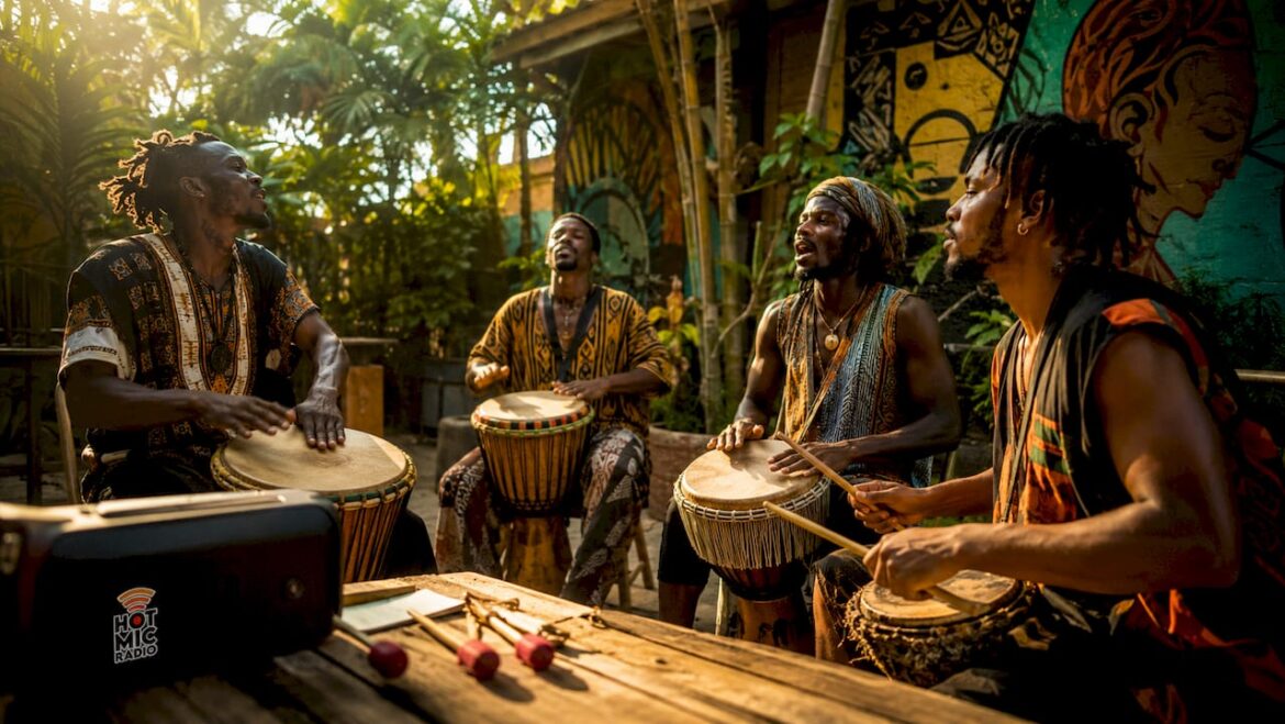 Musicians playing African drums in studio