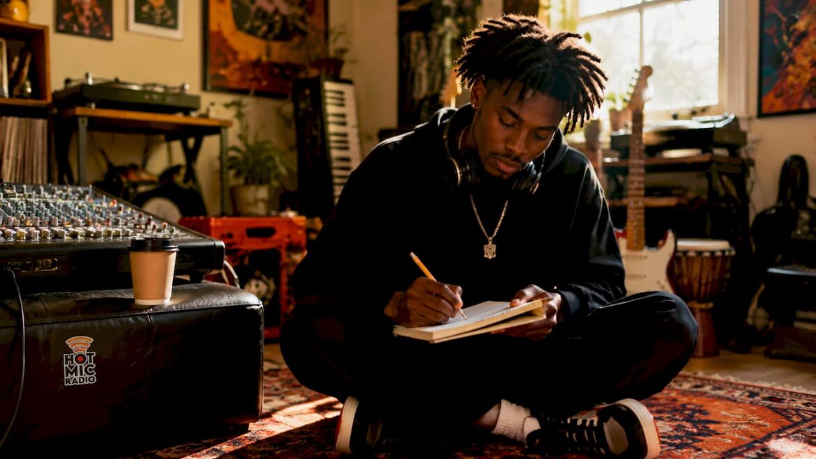 Hip hop artist preparing music pitch at home studio