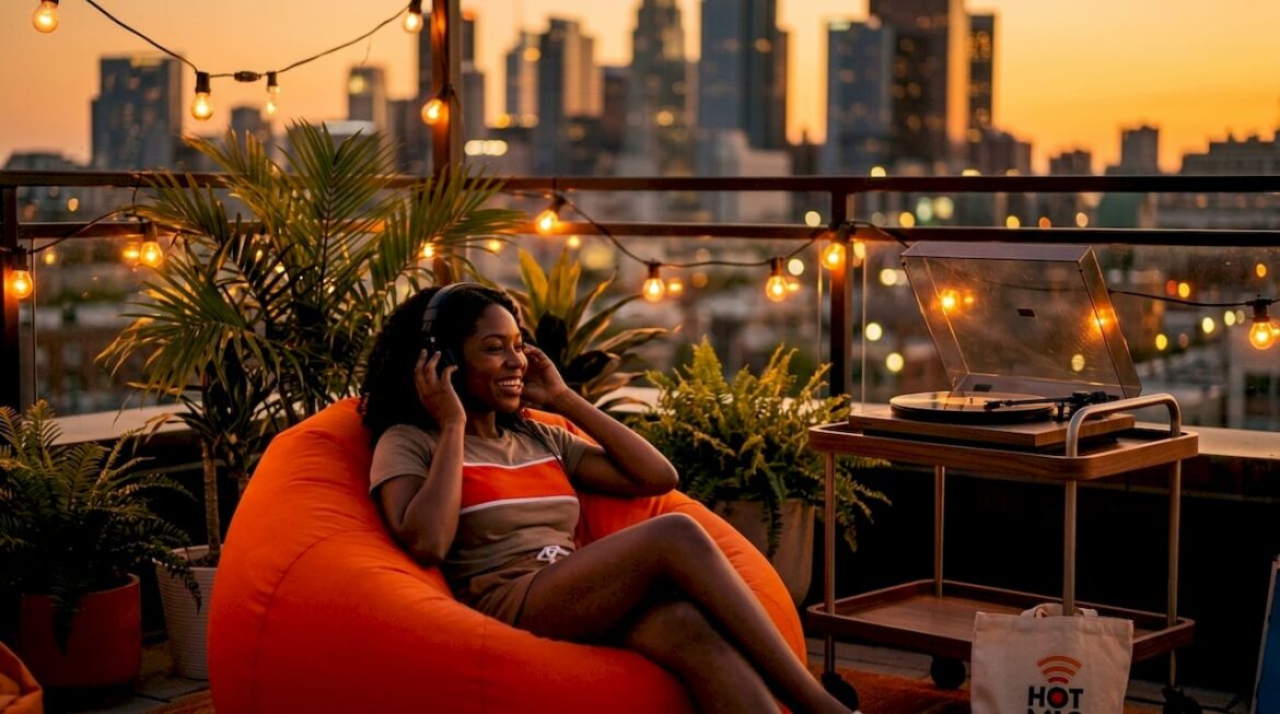 Woman listening to classic R&B music at home