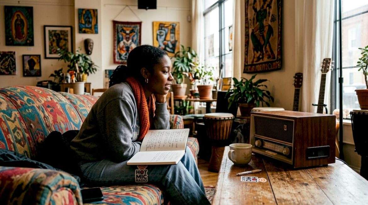 Woman listening to world music radio at home