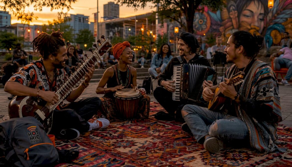 Multicultural musicians performing together outdoors