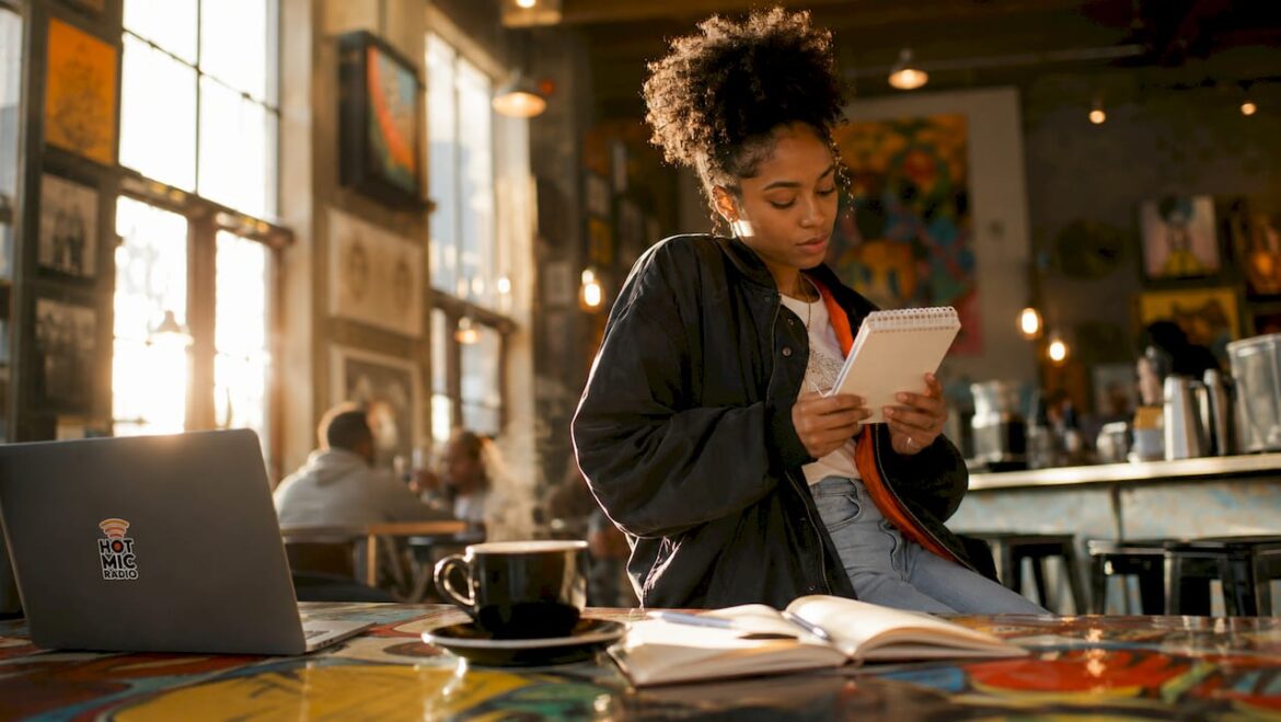 Artist preparing notes for radio interview