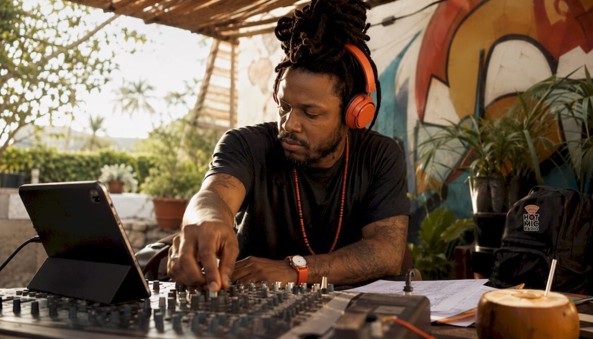 Music producer mixing dancehall tracks in studio