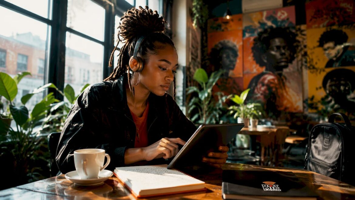 Woman engaging with hip-hop radio playlists