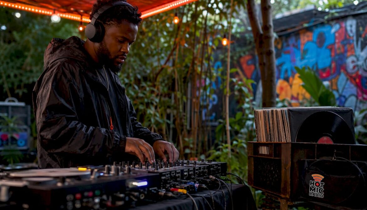 Hip hop producer adjusting sampling equipment in studio