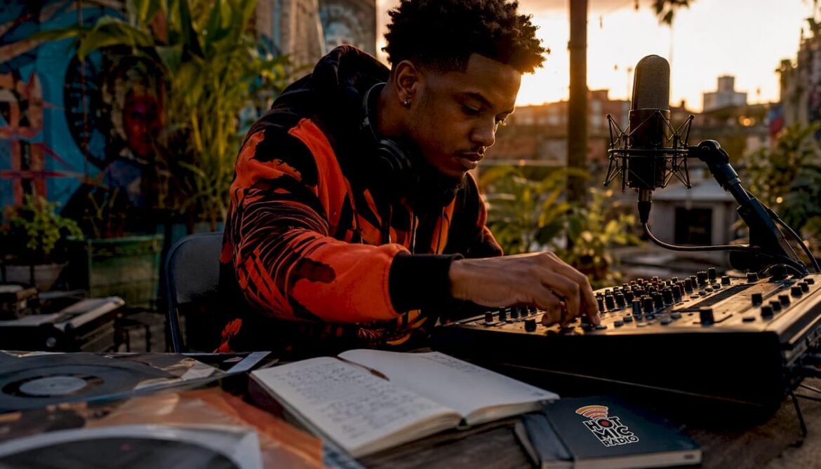 Hip-hop artist adjusting mixing console in home studio