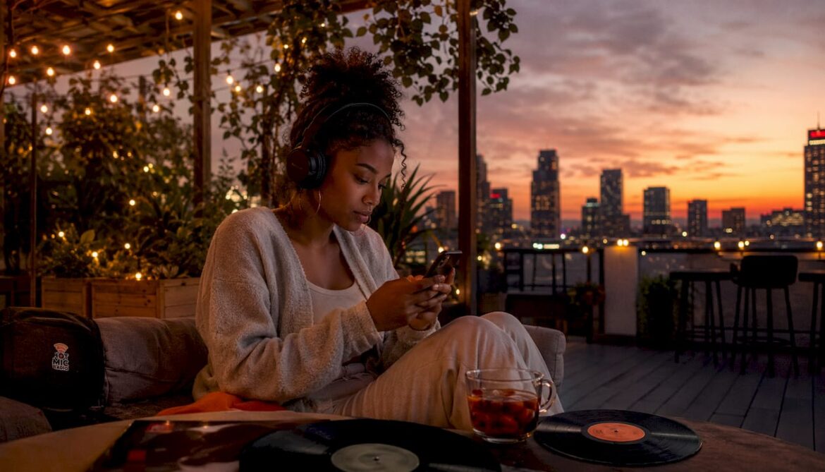 Woman streaming international soul music at home