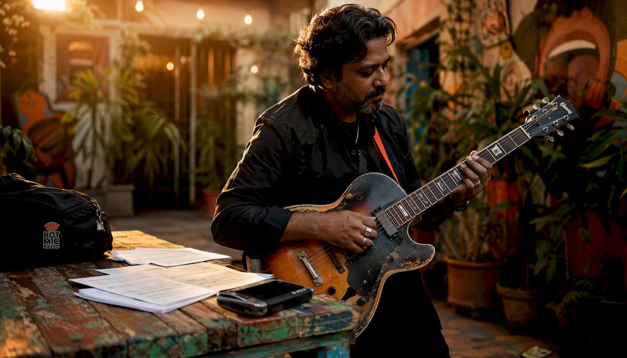 Musician practicing guitar in home studio
