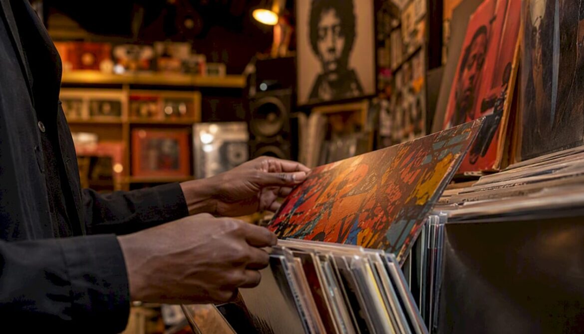 Hands arranging vinyl records and music memorabilia