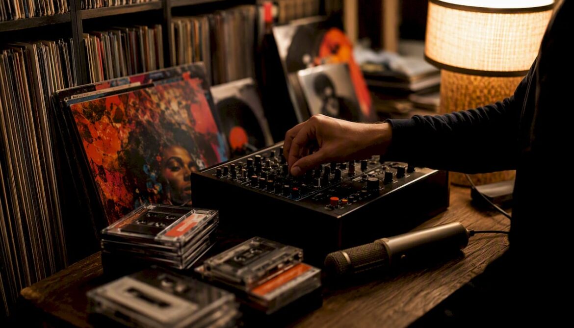 Hand adjusting DJ mixer among vinyl records