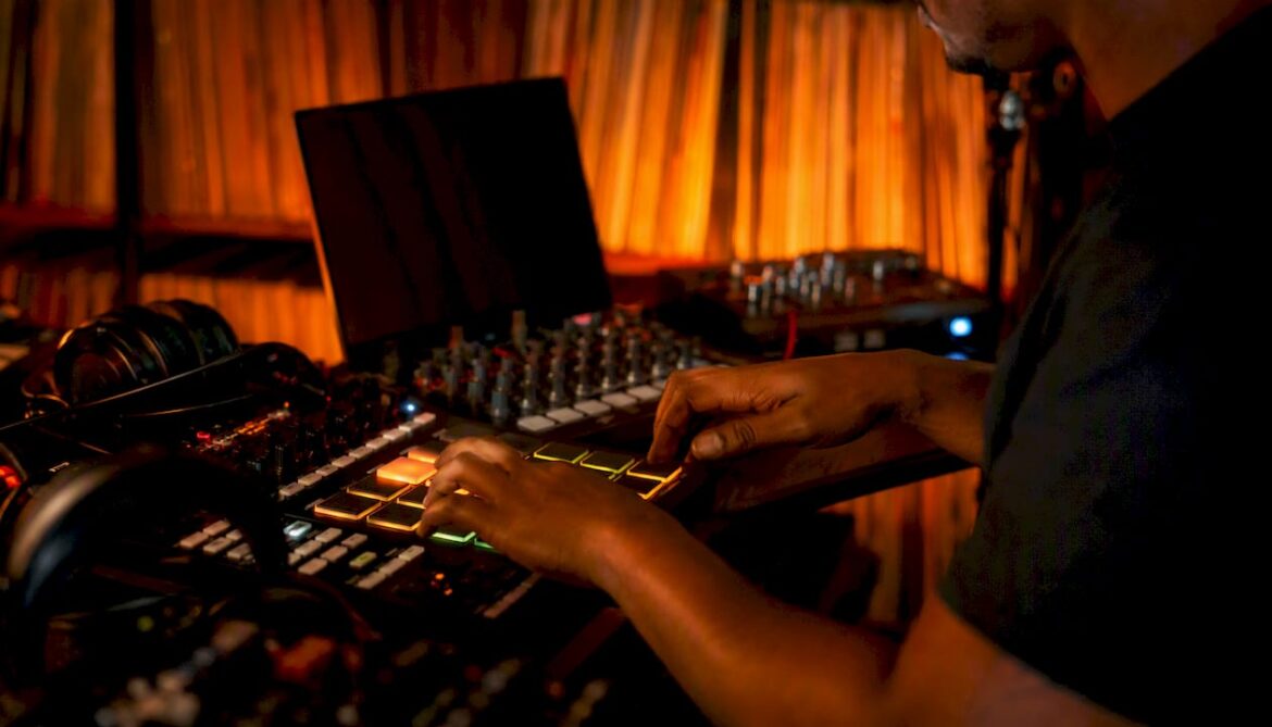 Producer making dancehall riddim in studio