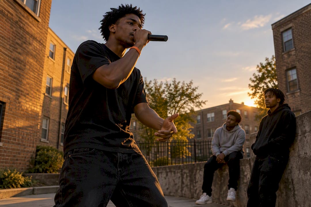 Chicago rapper performing in South Side courtyard