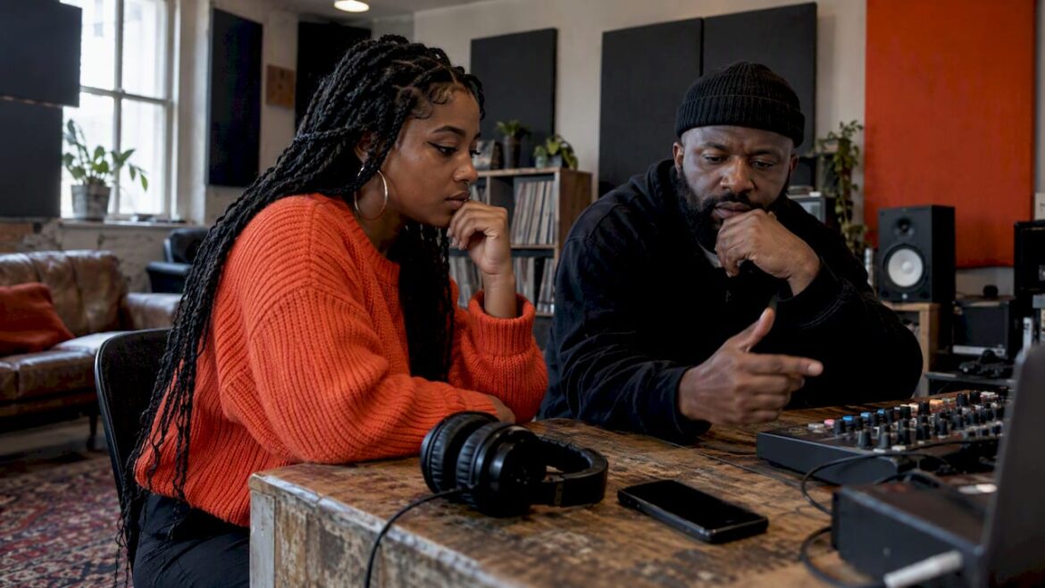 Black creators reviewing an audio campaign