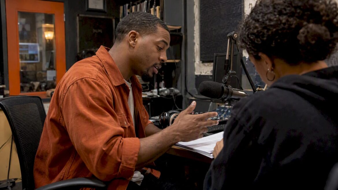 Radio host and producer rehearsing sponsored content